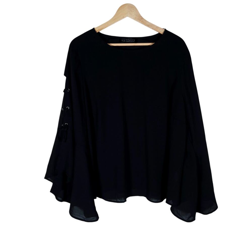 Eloquii Top 18 Plus Size Black Flowy Lace Up Bell Sleeves Boho Chic Gothic Glam